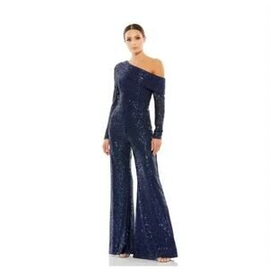 Ieena for Mac Duggal 26596 Asymmetrical Neckline Sequin Jumpsuit Midnight Size 6